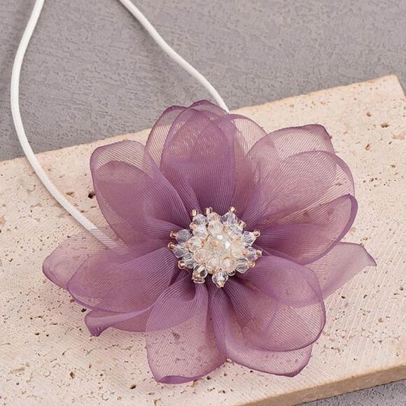 Lavender Purple Flower Crystal Fabric Rosette Choker Wrap Necklace - NEW - Picture 2 of 4